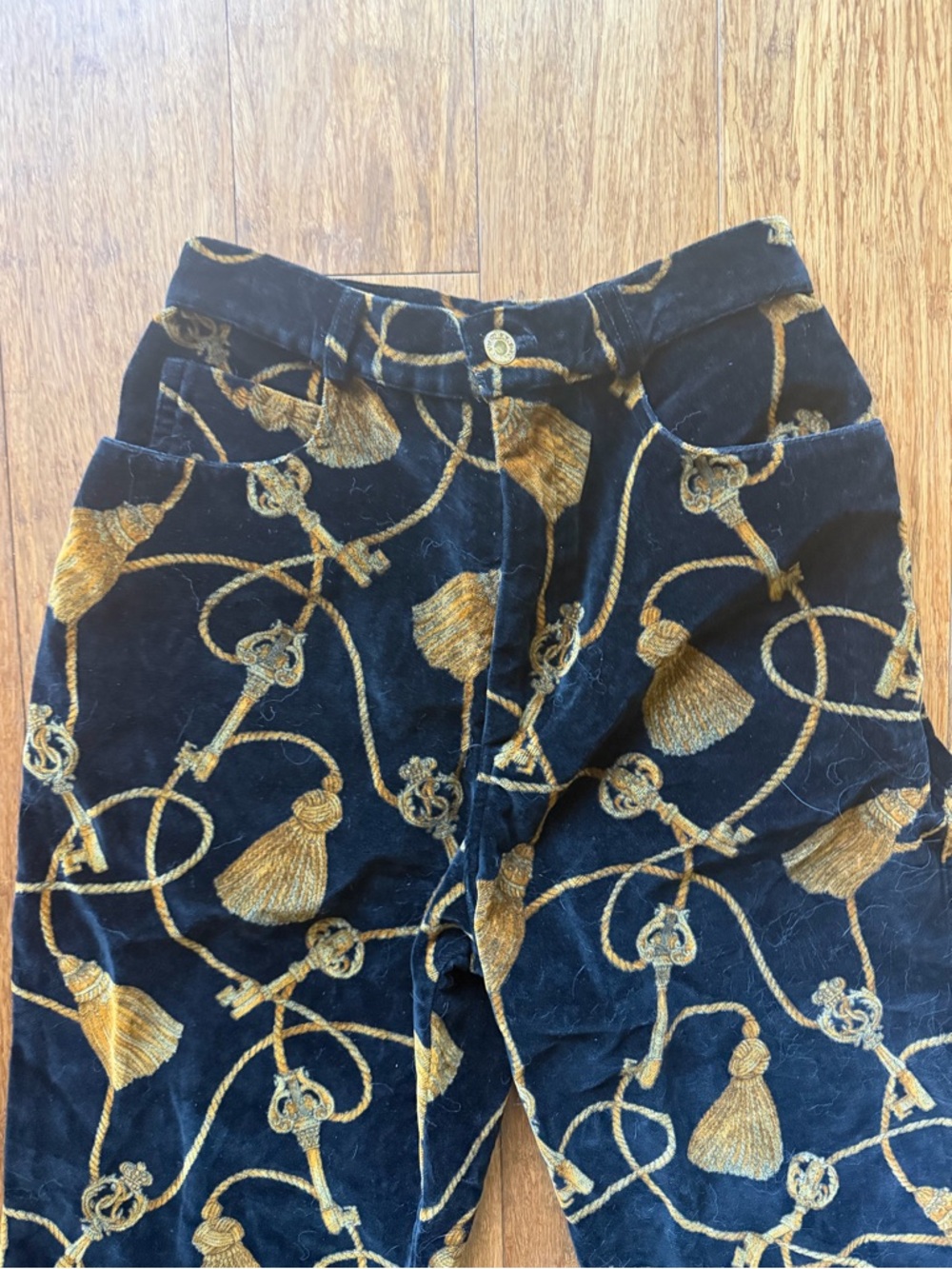Black high waisted Randy Kemper vintage Velvet Pants with Gold Tassel Rope Print